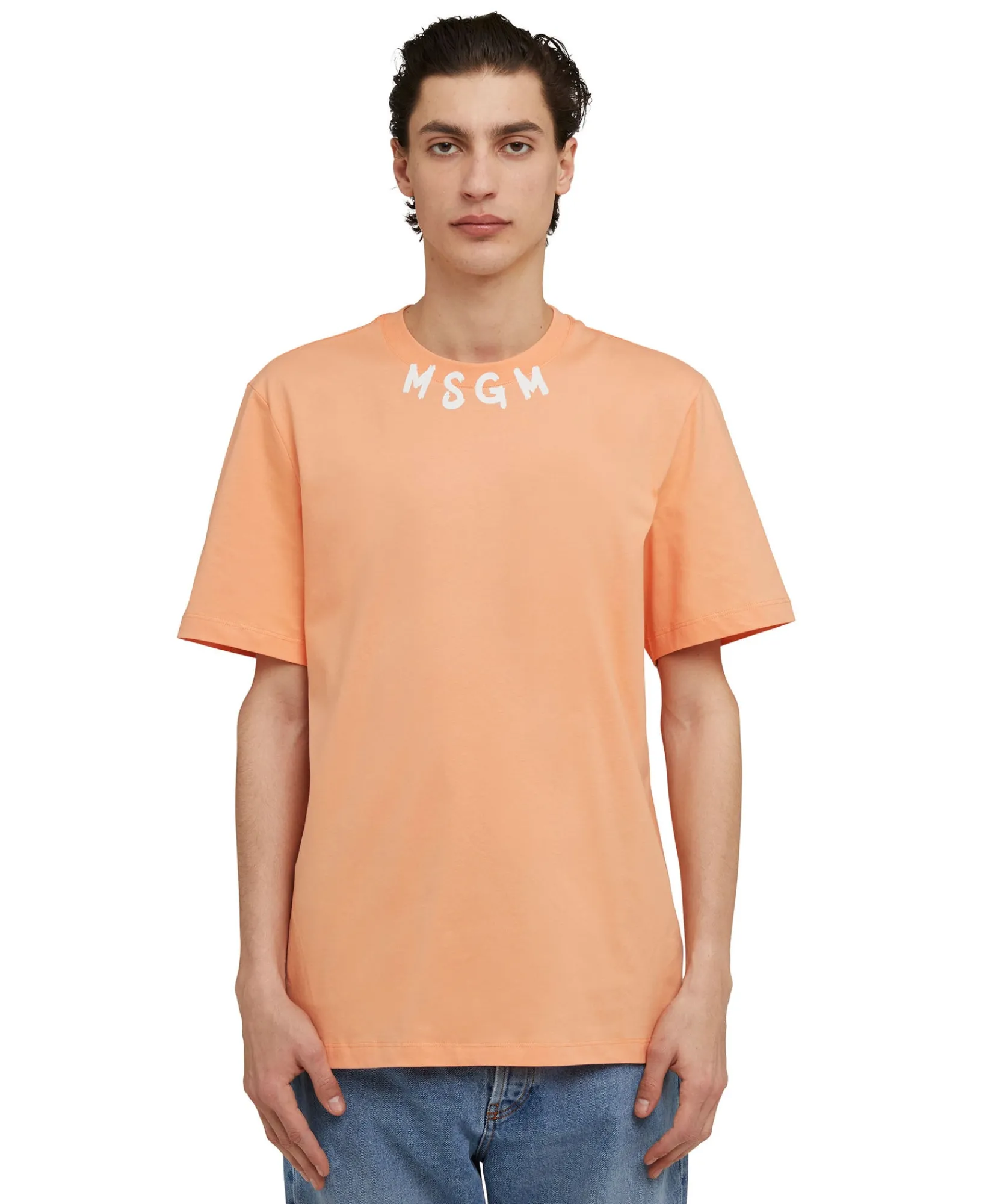 T-Shirt Girocollo In Cotone Con Logo Pennellato Posizionato Sul Collo^MSGM Hot