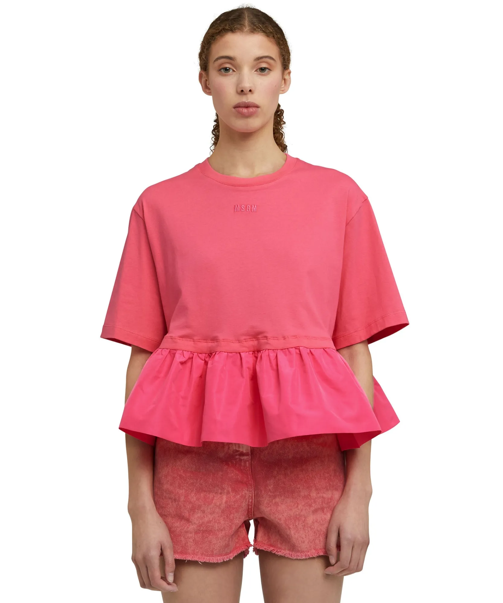 T-Shirt Girocollo In Cotone Con Balza In Taffeta^MSGM Best Sale