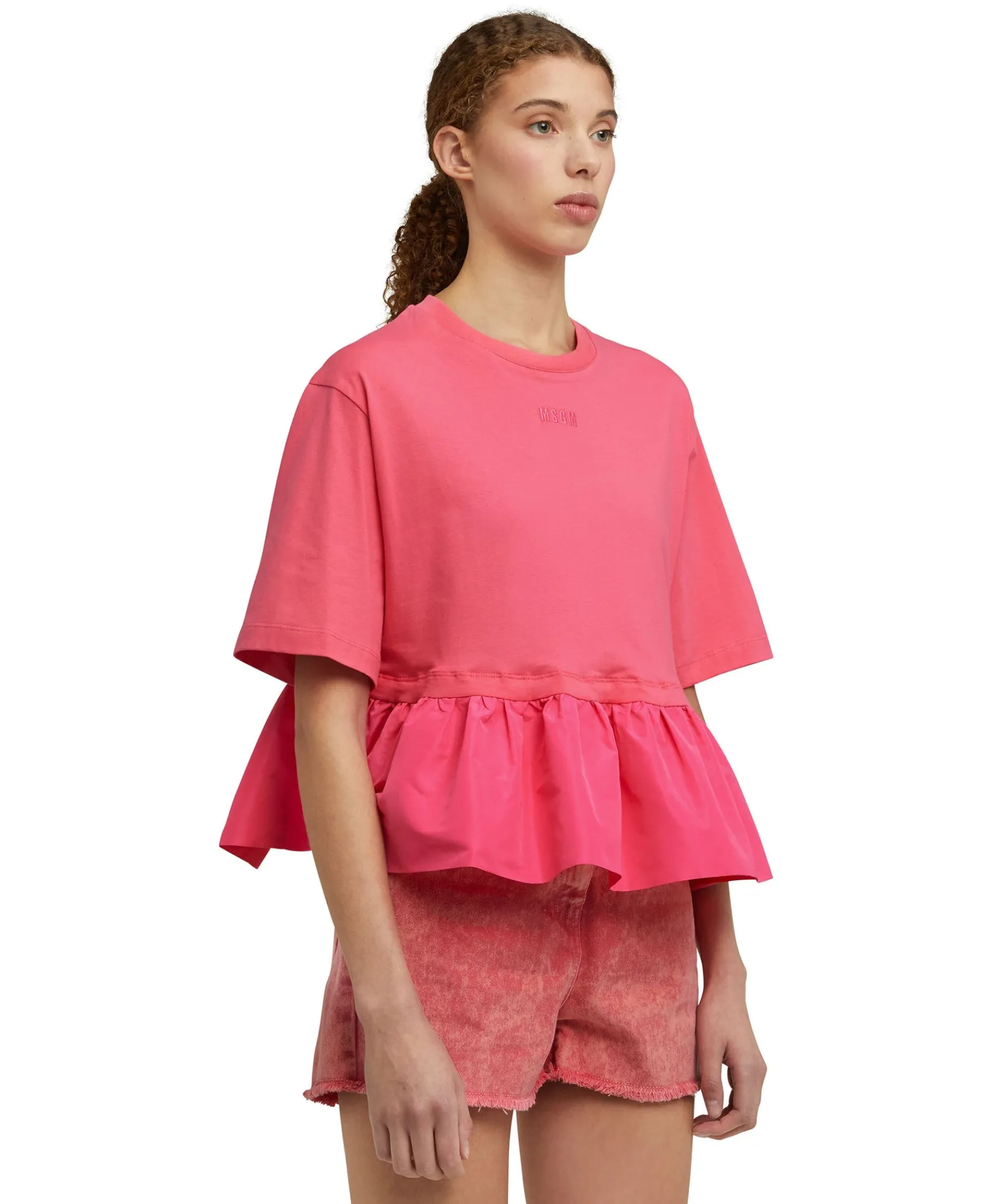 T-Shirt Girocollo In Cotone Con Balza In Taffeta^MSGM Best Sale