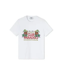 T-Shirt Girocollo In Cotone Tinta Unita Con Grafica "Club Paradiso"^MSGM Best Sale