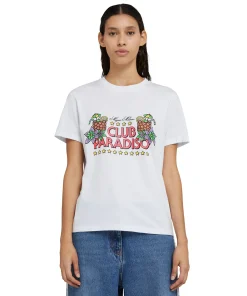 T-Shirt Girocollo In Cotone Tinta Unita Con Grafica "Club Paradiso"^MSGM Best Sale