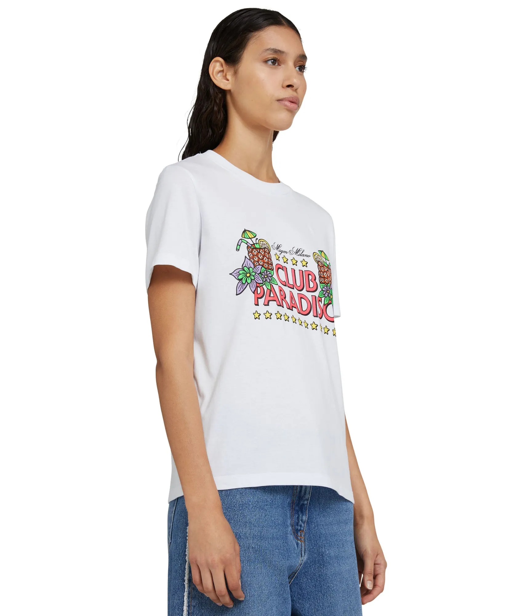 T-Shirt Girocollo In Cotone Tinta Unita Con Grafica "Club Paradiso"^MSGM Best Sale