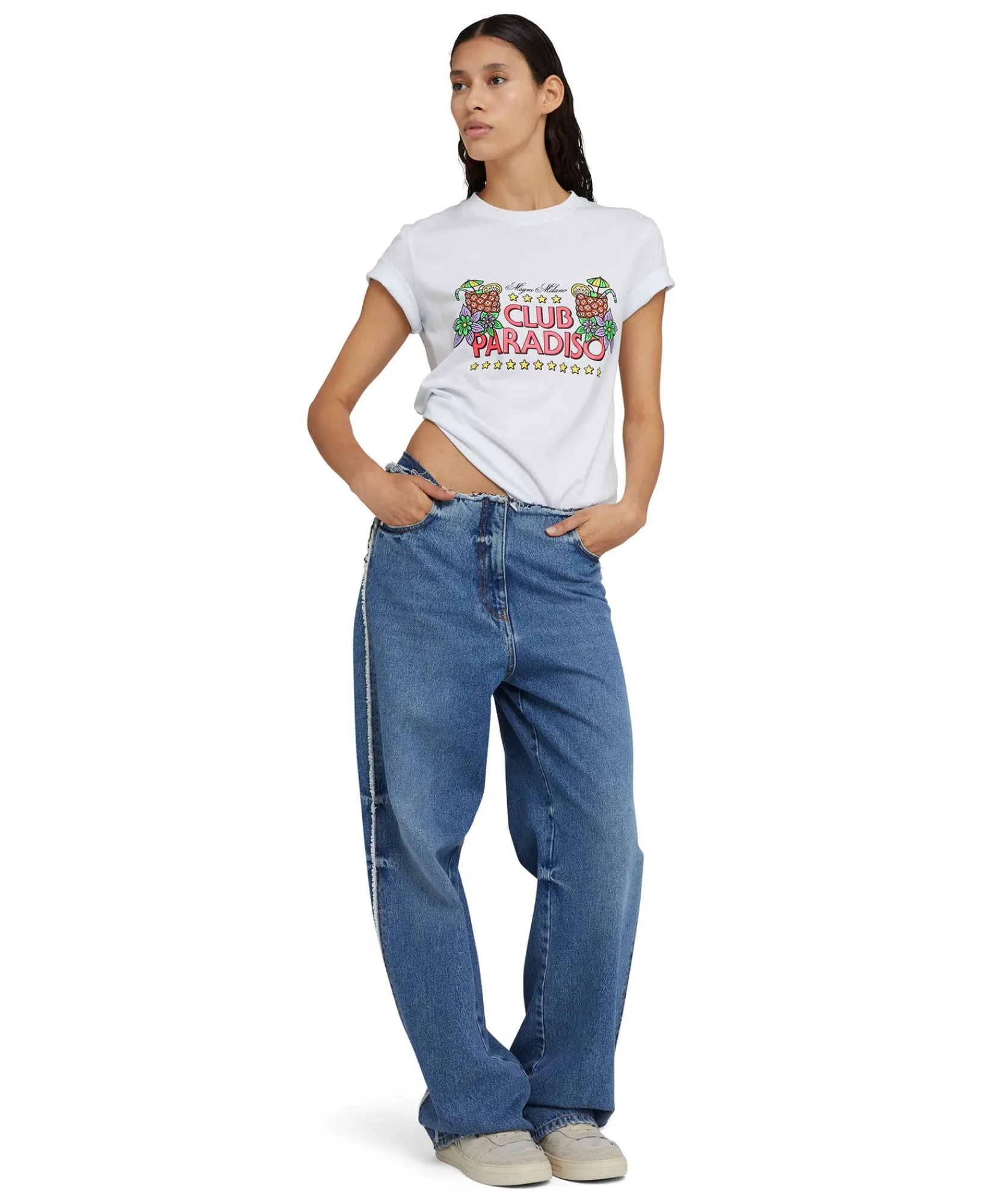 T-Shirt Girocollo In Cotone Tinta Unita Con Grafica "Club Paradiso"^MSGM Best Sale