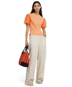 T-Shirt Girocollo In Tinta Unita In Cotone Con Maniche In Tulle^MSGM Discount
