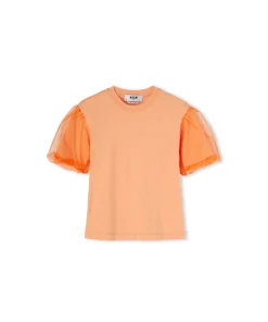 T-Shirt Girocollo In Tinta Unita In Cotone Con Maniche In Tulle^MSGM Discount