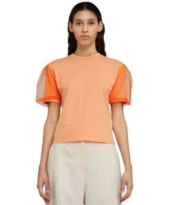T-Shirt Girocollo In Tinta Unita In Cotone Con Maniche In Tulle^MSGM Discount