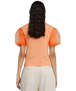 T-Shirt Girocollo In Tinta Unita In Cotone Con Maniche In Tulle^MSGM Discount
