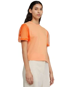 T-Shirt Girocollo In Tinta Unita In Cotone Con Maniche In Tulle^MSGM Discount